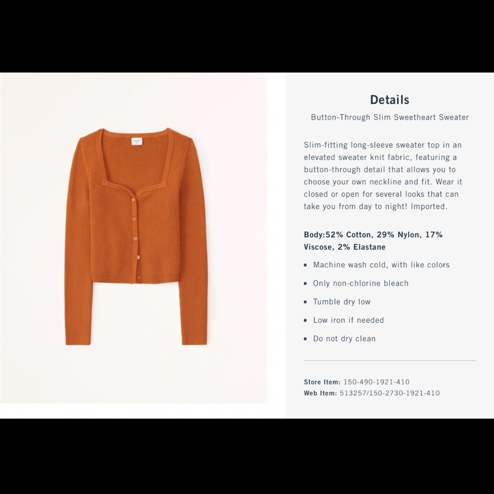 Abercrombie & Fitch Women’s Orange Button-Through Slim Sweetheart Sweater - Picture 4 of 11